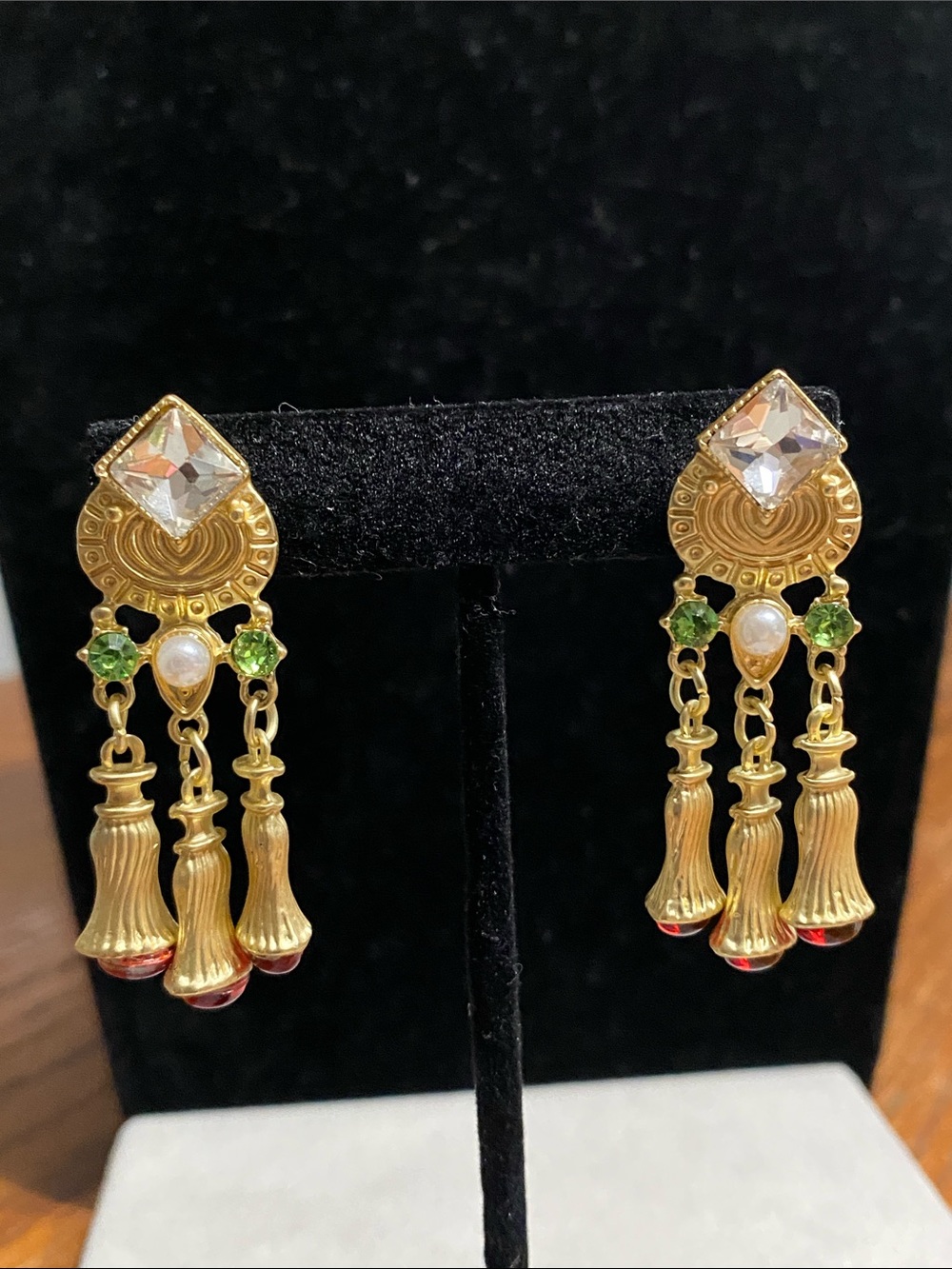 Matte Gold Dangle Earrings with Clear & Green Crystal Red Cabochons